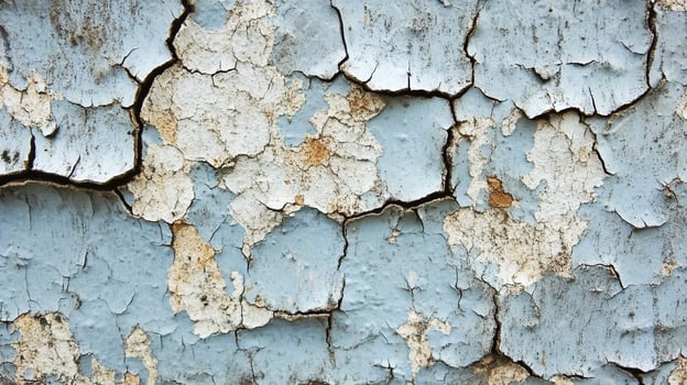 Distressed surface of weathered, peeling blue and white paint creating a textured and aged look. The paint is old and cracked. photo