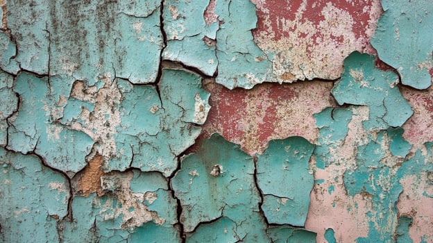 Weathered wall texture with peeling turquoise and red paint, showcasing a distressed and aged surface with prominent cracks and deterioration. photo