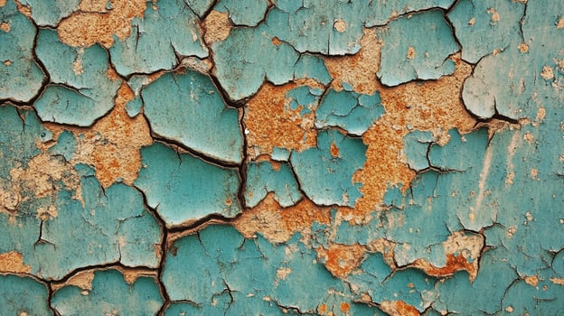 Weathered teal paint with visible underlayer. Cracked and textured surface creating a unique aged design. Ideal for backgrounds and texture overlays. photo