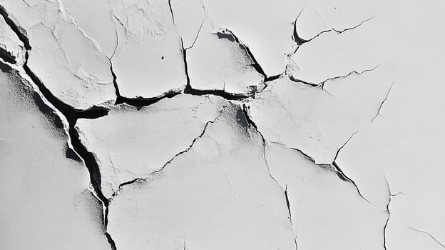 Intricate network of fissures on a white surface, creating a captivating pattern. A study in texture, decay, and monochromatic complexity. photo