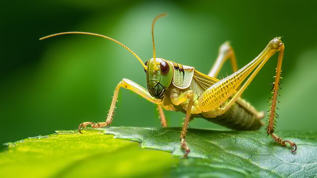 A green and yellow grasshopper perched on a vibrant leaf, showcasing its intricate details in a close-up shot. A glimpse into nature's wonders. photo