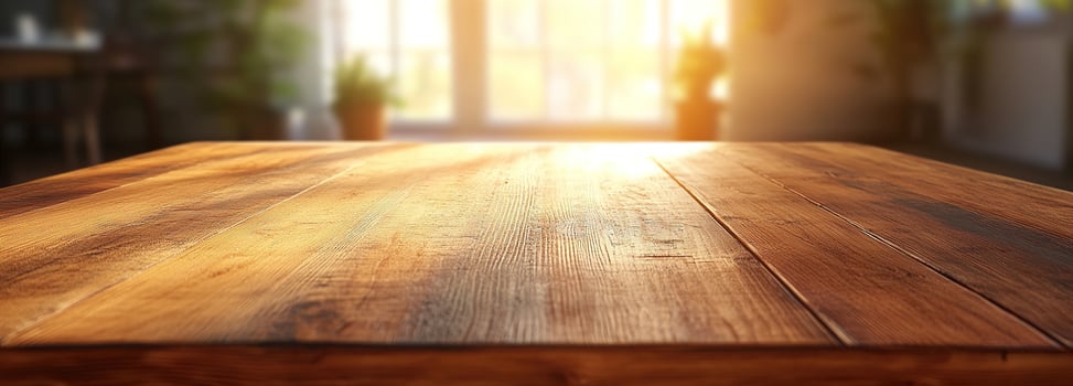 Warm and Inviting Wooden Table Surface Bathed in Morning Sunlight, Perfect for Home, Kitchen, or Dining Area with Soft Natural Light Background photo