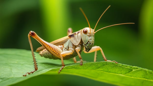 A close-up shot shows a grasshopper perched on a green leaf, exhibiting its intricate exoskeleton and antennae against a blurred background. photo
