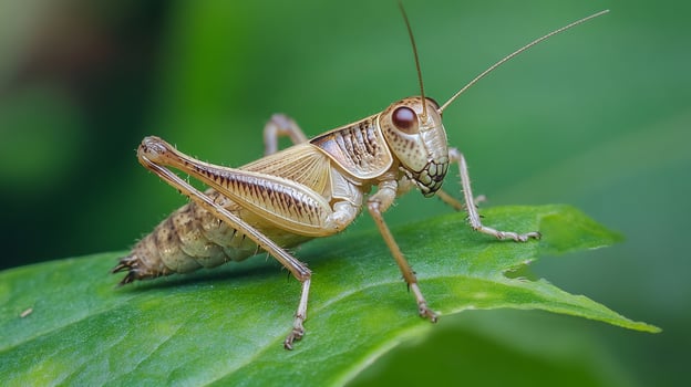 Macro shot of a cricket-like insect resting on a vibrant green leaf, showcasing its intricate details in natural light. photo