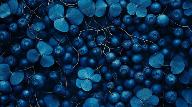 A captivating close-up reveals a vibrant collection of blueberries interspersed with delicate clover blossoms, all bathed in striking blue tones. photo