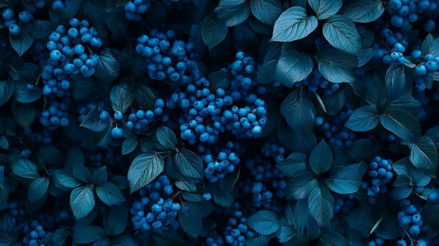 Clusters of vivid blue berries nestled among dark blue leaves, creating a lush and captivating natural scene. Refreshing and full of life. photo
