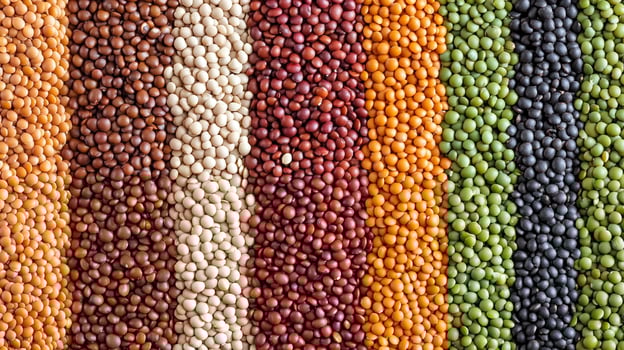 Variety of pulses and legumes. Colorful assortment of lentils and beans forming a textured background. Healthy food concept. photo