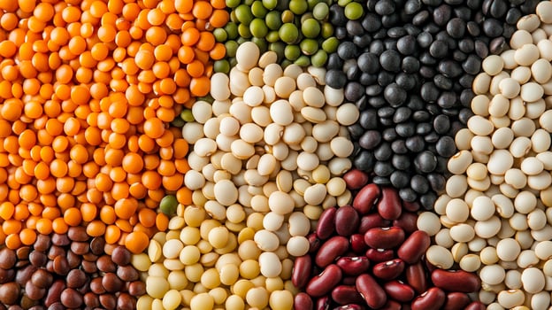 An assortment of beans and lentils of different colors are shown in a top down view. Lentils are orange and beans vary in color. photo