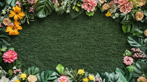 A lush, vibrant green grass background beautifully framed by a diverse collection of colorful flowers and tropical leaves. Perfect for a serene setting. photo
