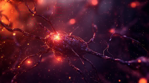 A captivating close-up reveals the fiery essence of a Neuron cell, radiating energy amidst a cosmic dust. photo