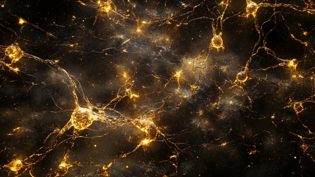 Golden neurons glow, firing across a dark expanse, representing connectivity and thought in a complex neural network. photo