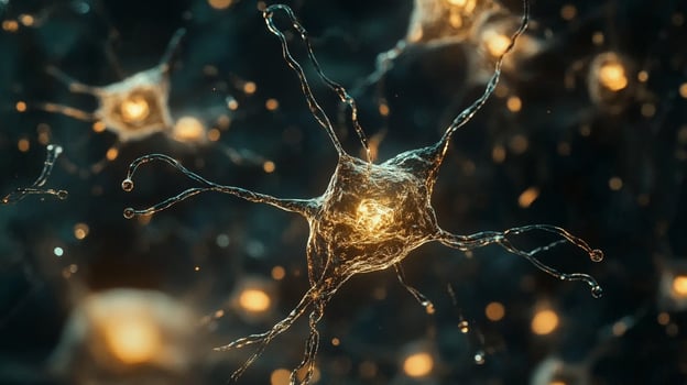 Detailed neuron rendering showcasing intricate connections, glowing center, and complex neural network. Abstract scientific representation. photo