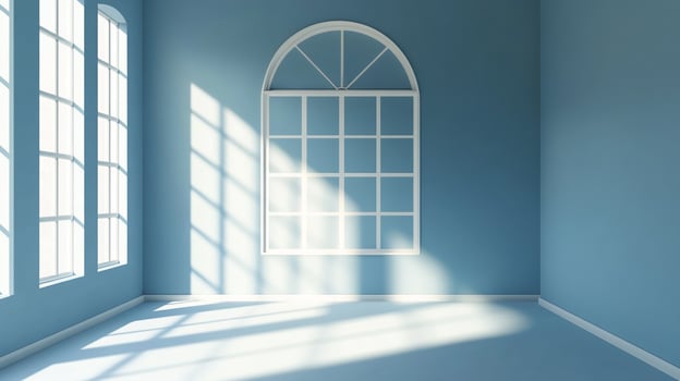 A serene, light-filled room with arched windows and soft blue walls, creating a peaceful and minimalist interior space for relaxation. photo