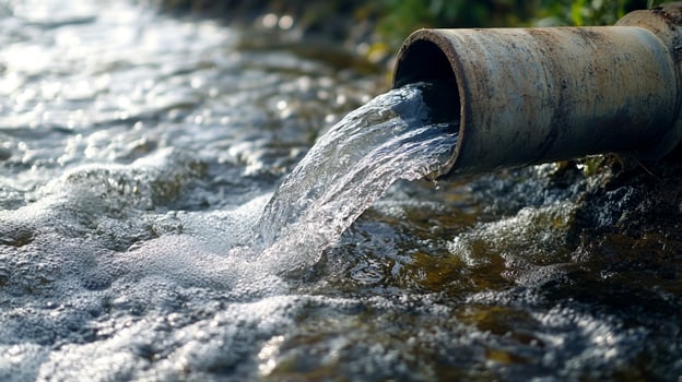 Water flowing from a rusty pipe into a stream, creating ripples and bubbles in the water. Environmental impact and conservation. photo