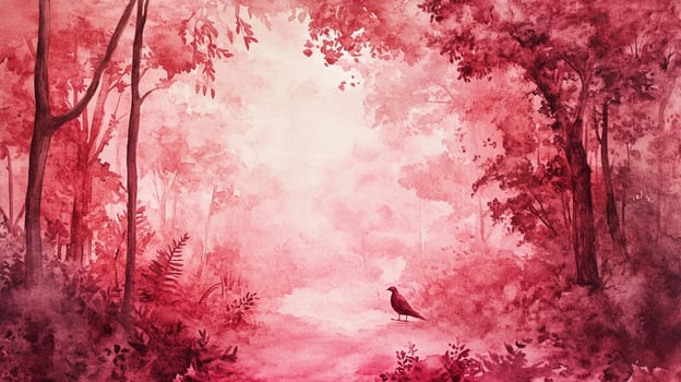 Monochromatic forest watercolor art with a bird along a path, painted in shades of red and pink. Peaceful and serene nature scene. photo