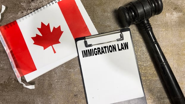 Concept of Immigration Law write on paperwork and Flag of Canada isolated on Wooden Table. photo