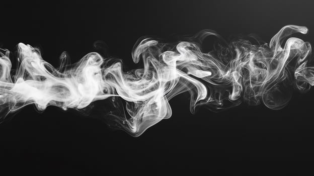 Ethereal trails of white smoke cascade across a stark black expanse, creating a mesmerizing dance of vapor and shadow. Dreamy abstraction. photo