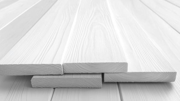 Arrangement of white painted wooden planks showcasing texture and grain in an angled, close-up view, highlighting minimalist design and construction. photo