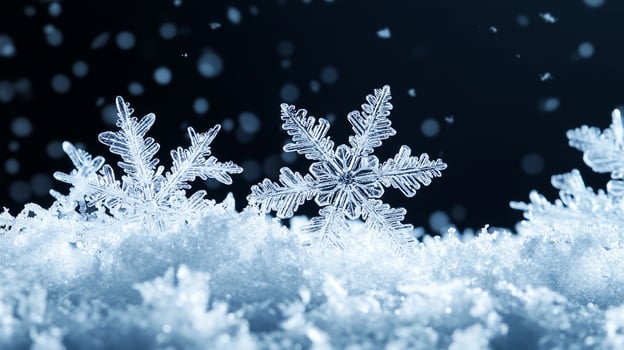 Icy fractals, these snowflakes glisten like stars on a winter's night, capturing the silent magic of a snowy scene. Winter's icy kiss. photo