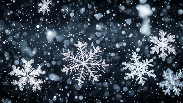 A captivating dance of snowflakes against a dark backdrop, sparkling and ethereal, painting a winter's dream. Majestic and silent snow. photo
