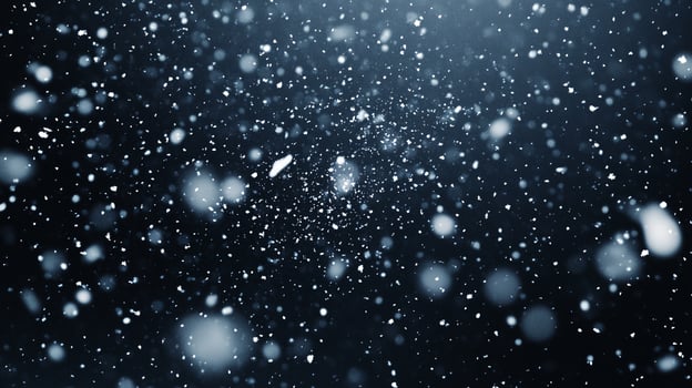 An abstract display of delicate snowflakes in a dark, serene winter night, creating a mesmerizing ethereal visual. photo