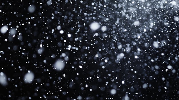 A blizzard of white snow on a black background. The snow is dense and obscures most of the view, creating a winter scene. photo