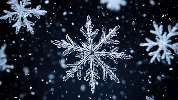 Detailed view of icy snowflakes floating against a dark background. Winter's intricate beauty is magnified. photo