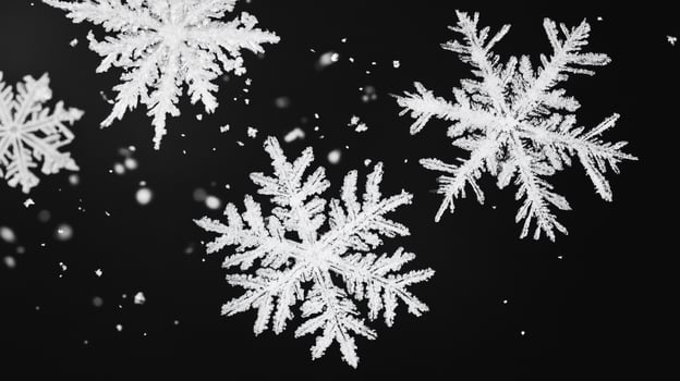 Icy snowflakes shimmer against the night sky, each a unique and intricate masterpiece of frozen water. A dance of winter's artistry. photo