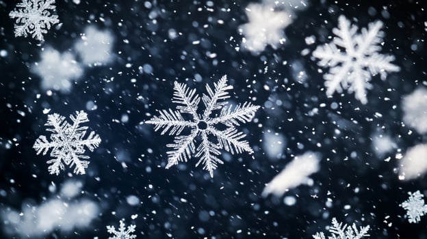 A flurry of crystalline snowflakes dance against a deep blue canvas, each a unique masterpiece of winter's artistry. photo