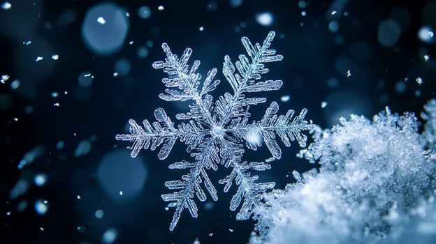 Captivating snowflake macro revealing its intricate hexagonal structure and crystalline beauty, a delicate marvel of winter's artistry. photo