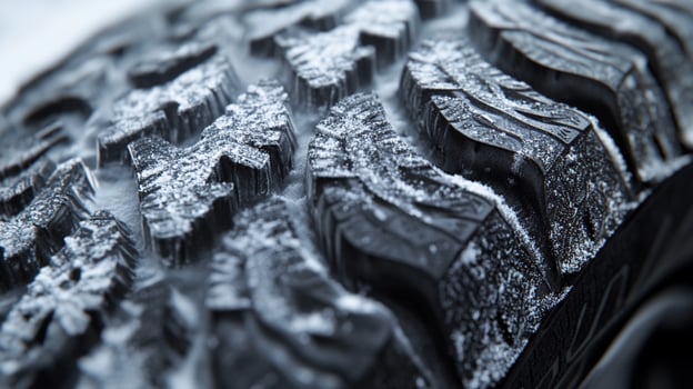 Close-up of tire treads covered in snow, showcasing the detailed patterns and texture designed for winter driving and enhanced grip. photo