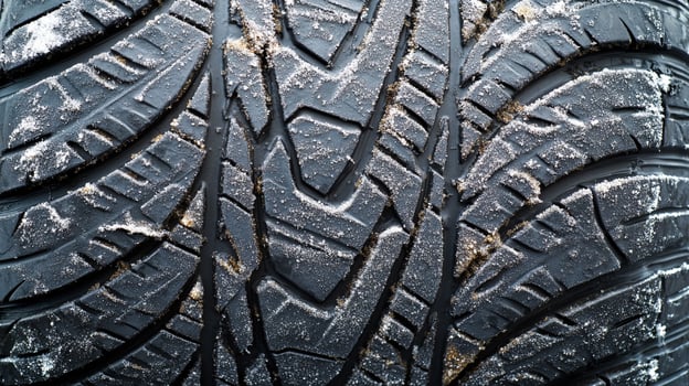 Close-up of a black tire with visible tread pattern, partially covered in snow, showcasing winter driving conditions and tire grip. photo