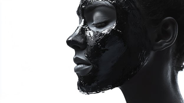 A monochrome image of a woman with her eyes closed and her face covered in a smooth black substance against a bright white background. photo