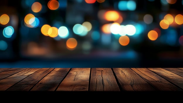 Rustic wooden surface provides a stage, urban lights dance in bokeh. A perfect backdrop for product or social media marketing display. photo