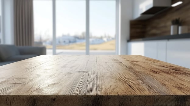 Rustic wooden surface with blurred kitchen backdrop, evokes natural warmth, perfect for showcasing products with homey feel. photo