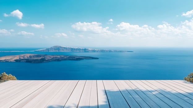 Serene seascape vista from a wooden deck, capturing the vastness of the sea and distant islands under a blue sky with scattered clouds. photo