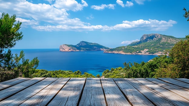 Scenic ocean view from a wooden deck. Green islands dot the blue sea under a bright sky with fluffy white clouds. Nature's tranquility. photo