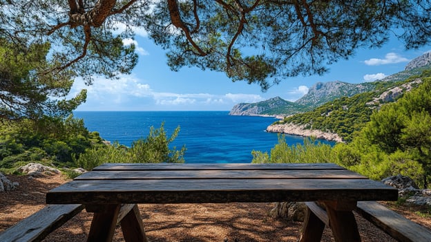 Seaside picnic spot with idyllic ocean view. Wooden table under tree canopy, perfect for relaxation and nature appreciation by the blue sea. photo