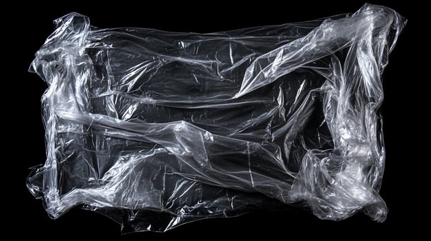 Wrinkled, translucent plastic film against black, offering texture, form, and emphasizing the environmental impact of discarded materials. photo