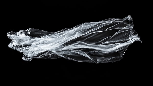 Translucent plastic sheet floats against a dark void, forming elegant curves in light and shadow. Emptiness surrounds delicate form. photo