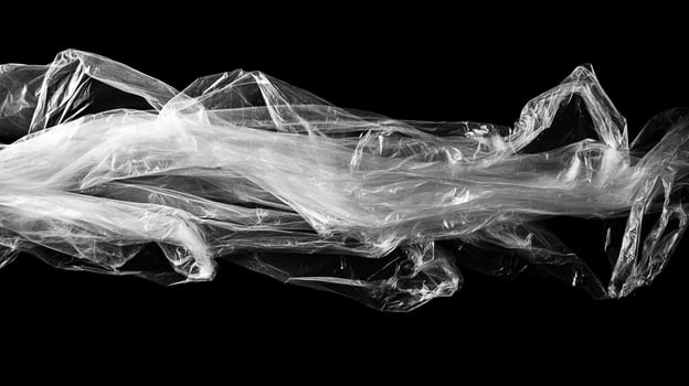 Abstract waves of translucent material cascade across a stark black canvas, creating ethereal patterns of light and shadow. photo