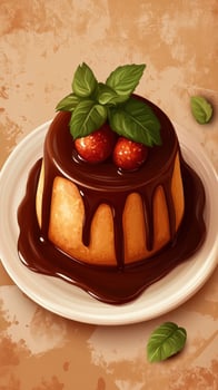 Delicious dessert featuring a rich chocolate sauce on a creamy pudding with fresh strawberries and mint leaves photo
