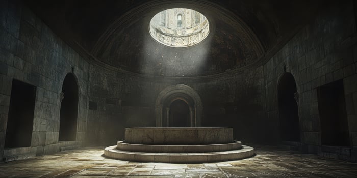 Evocative interior of an ancient stone structure with a circular skylight illuminating a central platform photo