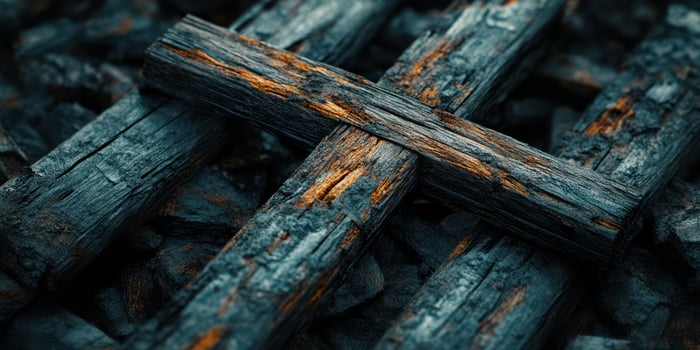 Wooden cross placed on dark textured surface with rough edges, showcasing intricate details and natural wear photo