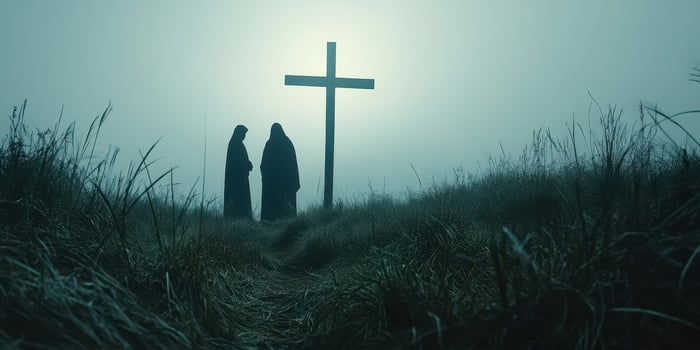 Two figures in cloaks standing by a large cross in a foggy field during early morning hours photo