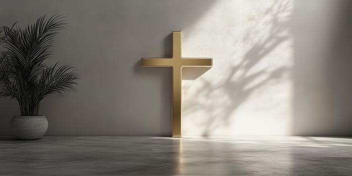 Modern gold cross displayed against a minimalist wall with shadow play from a nearby plant in a serene indoor setting photo