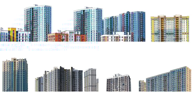 Multi-story highrise building facades set. Residential condo development. Downtown housing, photo