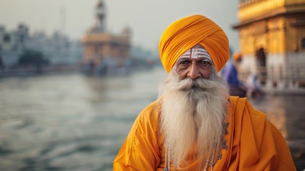 Sikh New Year, Baisakhi, Vaisakhi, portrait of an elderly Sikh man in a turban and Indian national dress, horizontal banner, copy space, free space for text photo