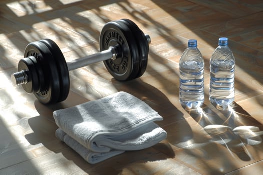 Dumbbell, Towel, and Water Bottle on Gym Floor. Fitness concept photo