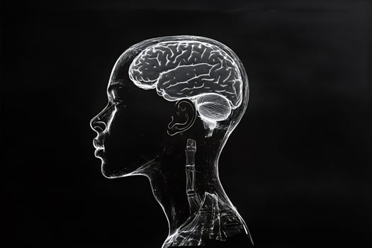 Human brain showing through woman's head on black background photo
